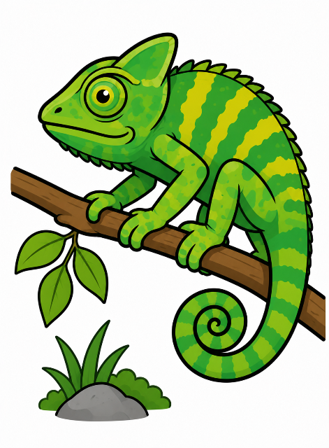 Bright green chameleon on a branch color by number