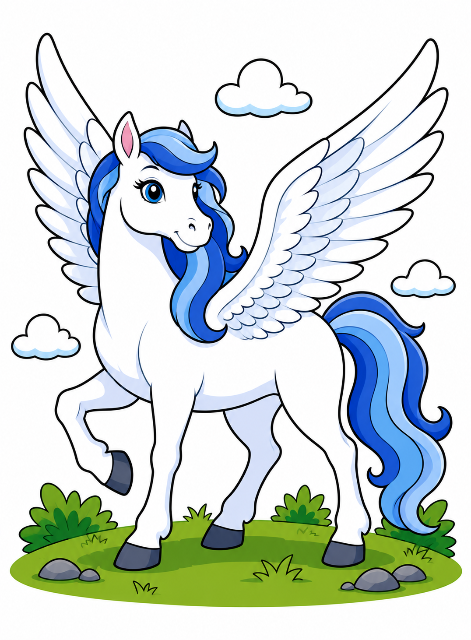 Cheerful Pegasus in a magical scene color by number