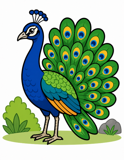 Colorful peacock with vibrant tail feathers color by number