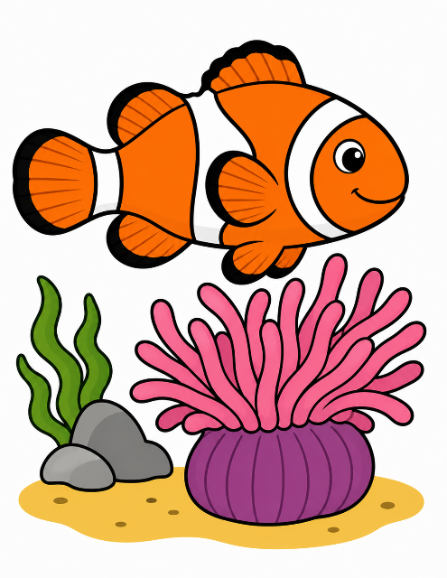 Friendly clownfish and vibrant sea plants color by number