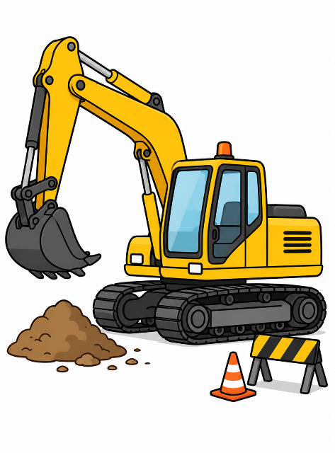 Friendly yellow excavator in construction zone color by number