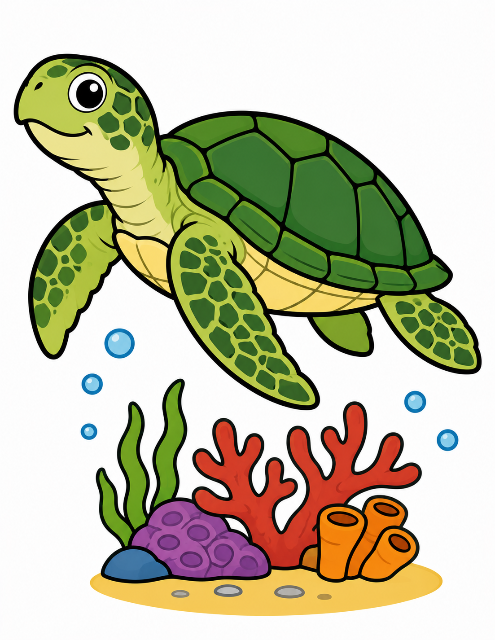 Happy sea turtle swimming on coral reef color by number