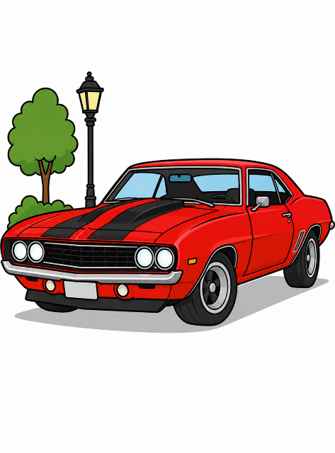 Red muscle car under a cartoon streetlamp color by number
