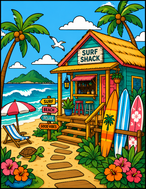 Sunny beach vibes at the surf shack color by number
