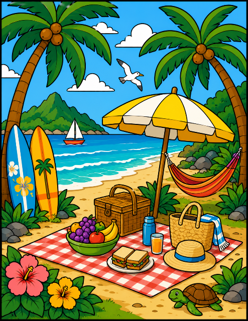 Tropical beach picnic getaway illustration color by number