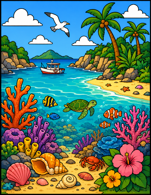 Tropical cove with vibrant marine life color by number